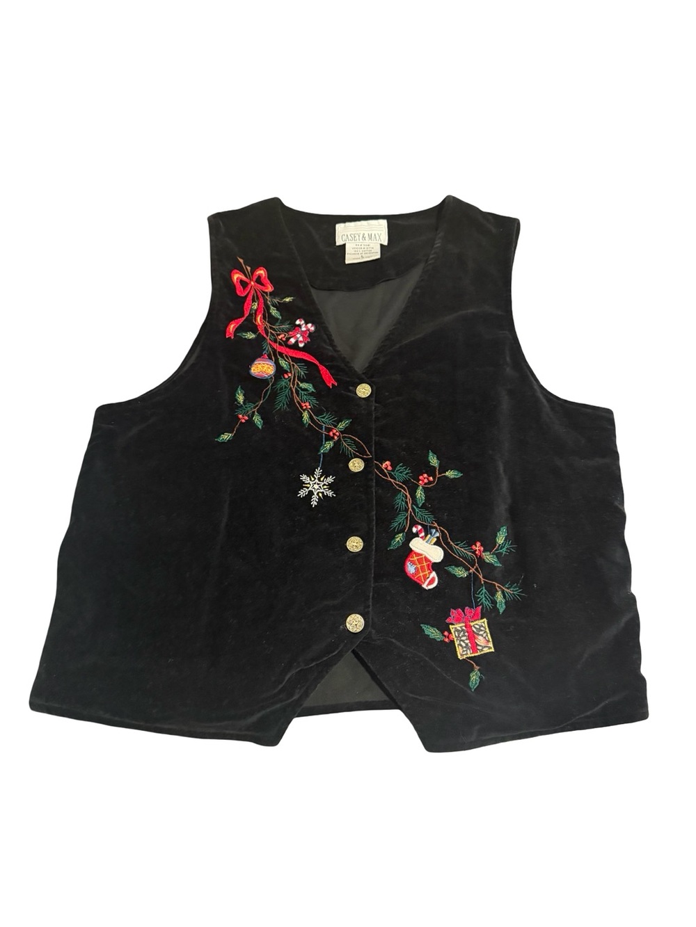 Vintage Casey & max Women's Black Velvet Holiday Embroidered Vest